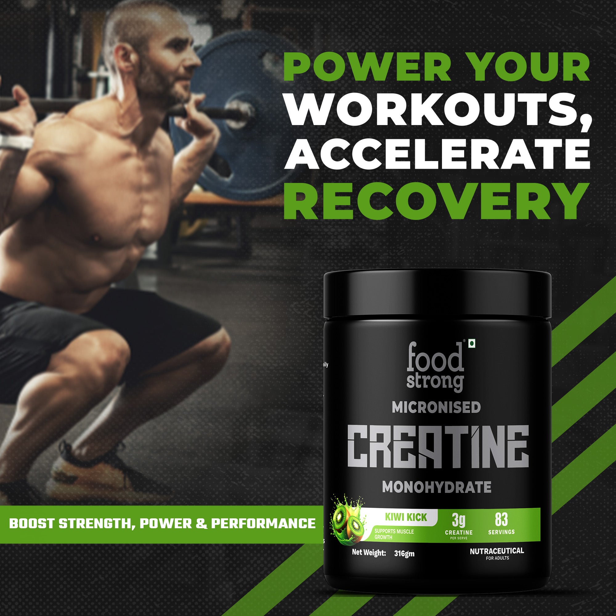 Foodstrong Micronised Creatine Monohydrate 316gm | Kiwi Kick Flavor