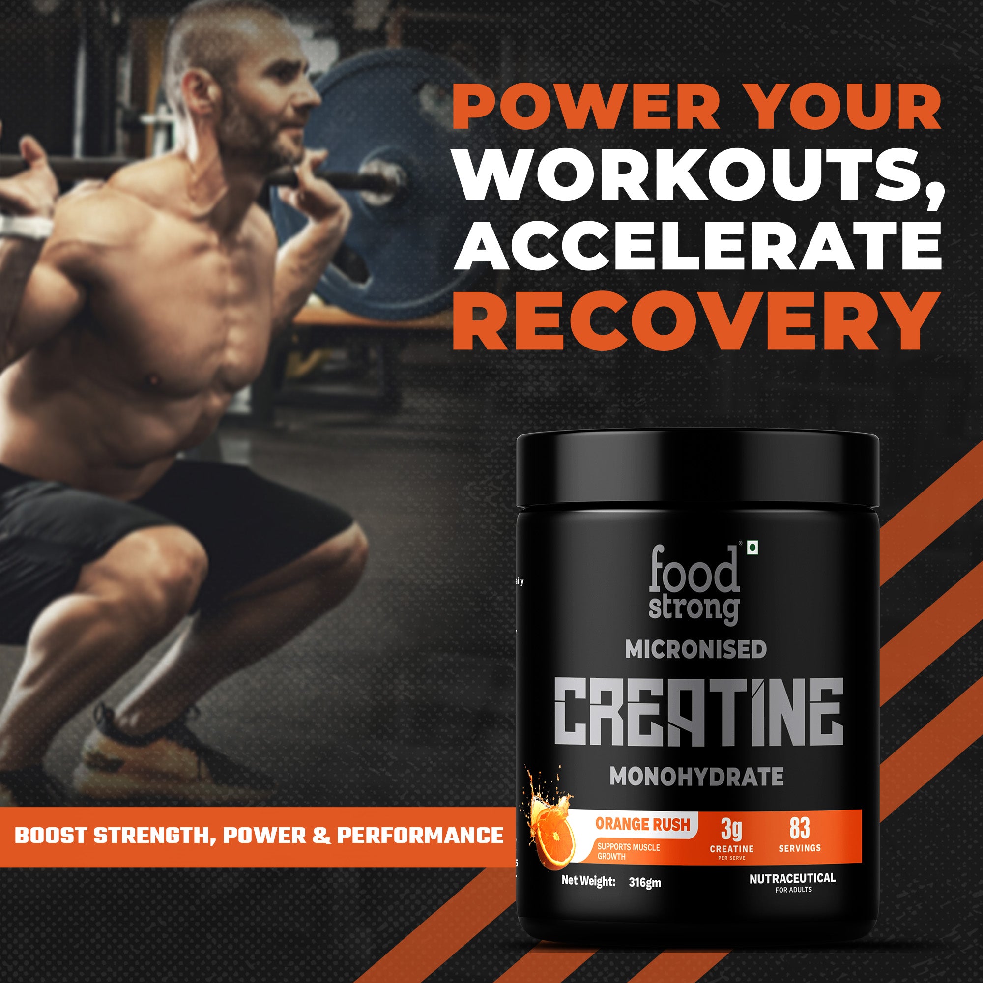 Foodstrong Micronized Creatine Monohydrate 316gm | Orange Rush