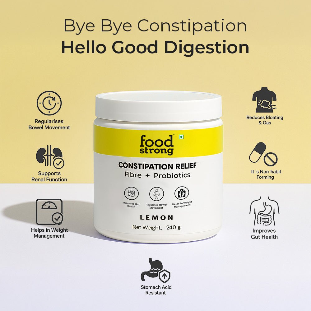 Container of 'food strong' constipation relief supplement with lemon flavor on a beige background