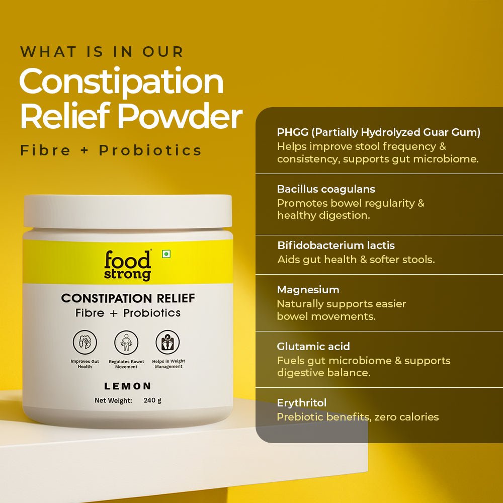 Constipation relief powder container with ingredients listed on a yellow background