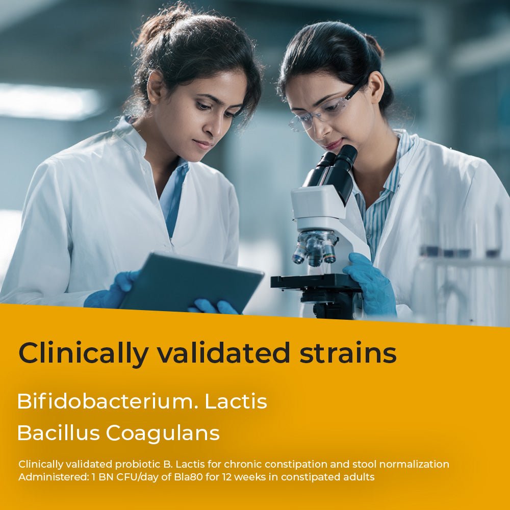 Two scientists in a lab setting with one using a tablet and the other with a microscope, with text about clinically validated probiotic strains.