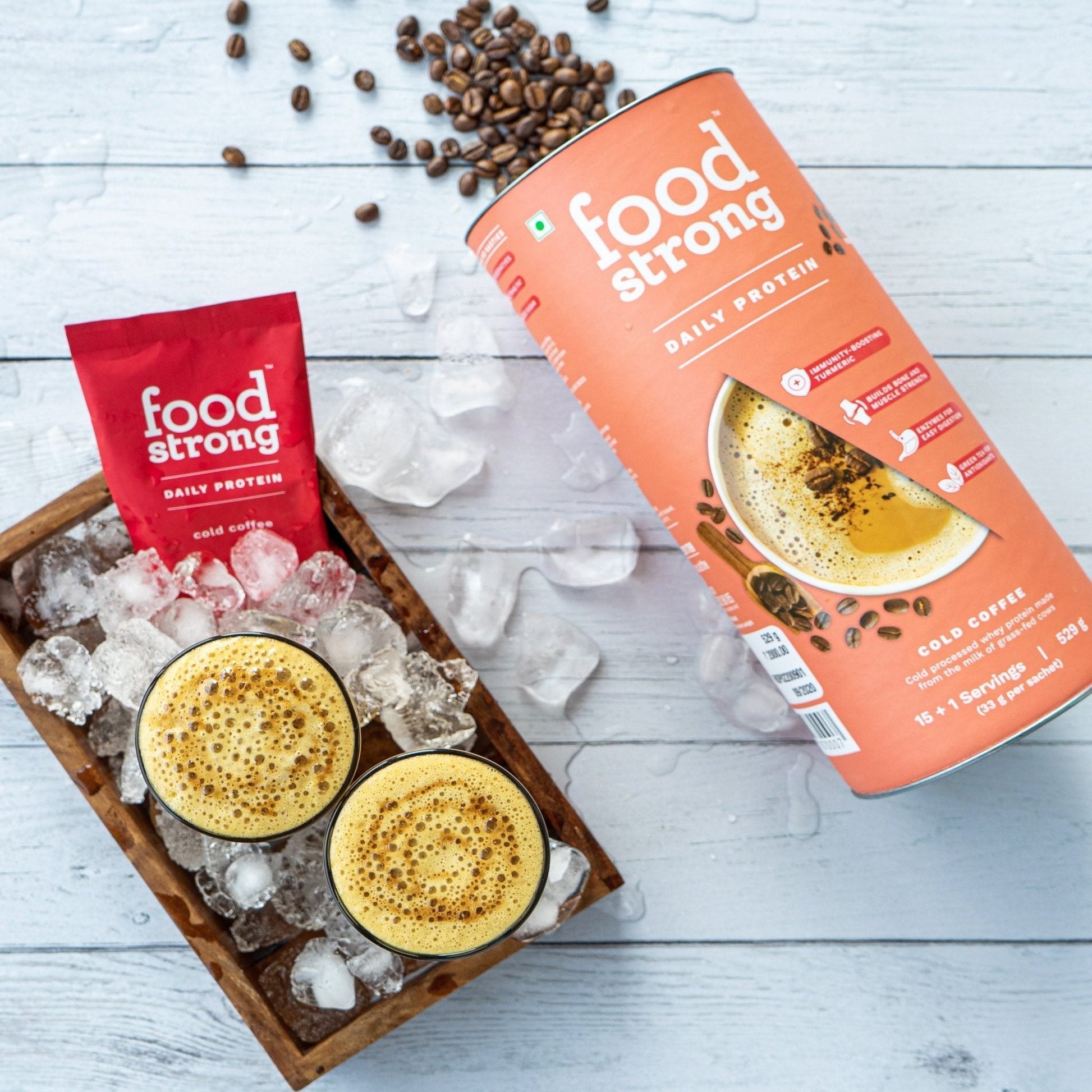 foodstrong daily protein cold coffee made with antibiotic free grassfed whey pack and sachets