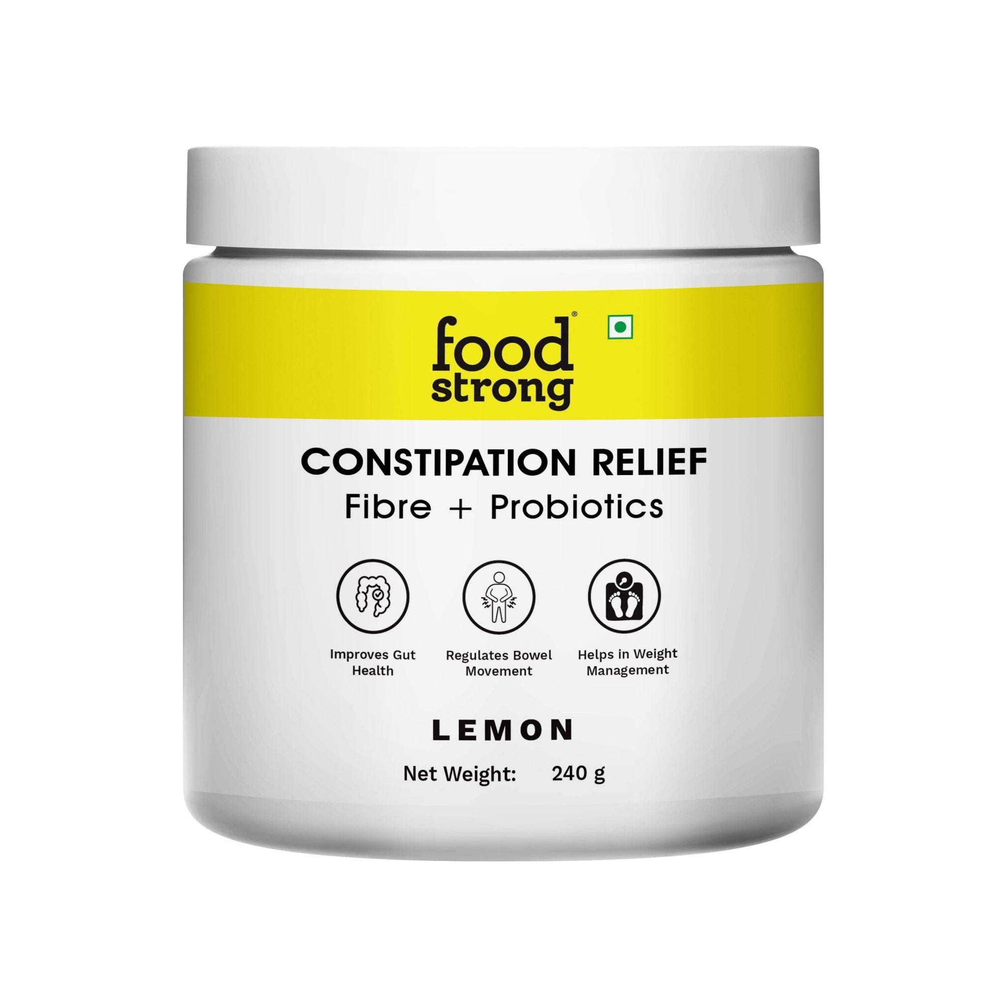 Jar of 'food strong' constipation relief supplement with lemon flavor on a white background