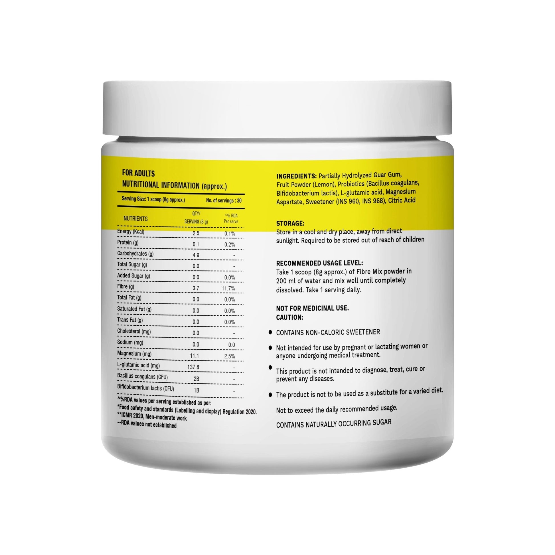 Supplement container with nutritional information label on a white background