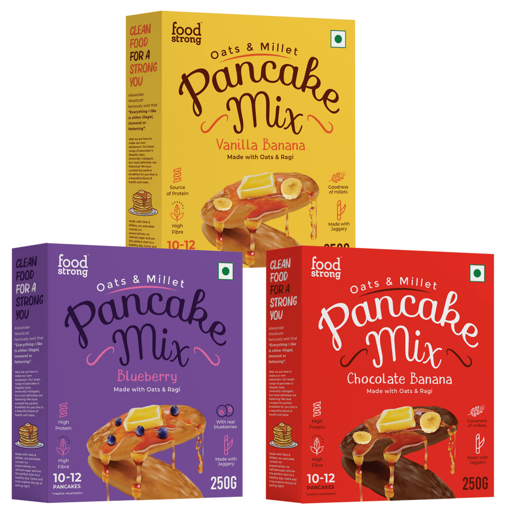 
                  
                    Oats & Millet Pancake Mix (Vanilla, Chocolate & Blueberry) (3 x 250g)
                  
                