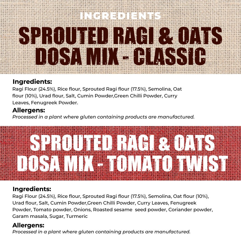 
                  
                    Sprouted Ragi & Oats Dosa Mix Combo - (Classic & Tomato Twist)
                  
                